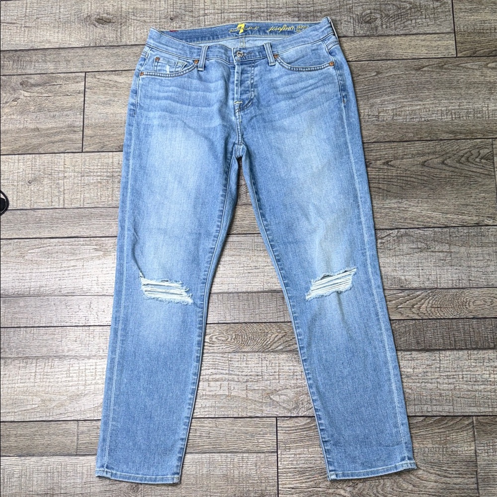 7 For All Mankind Josefina Skinny Boyfriend Light Blue Distressed Jeans